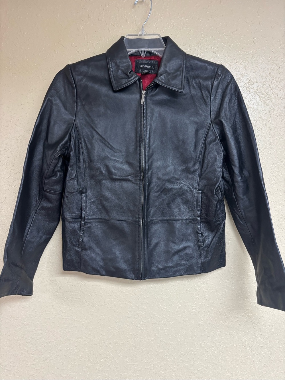 George Black Leather Zip-Front Jacket with Red Lining